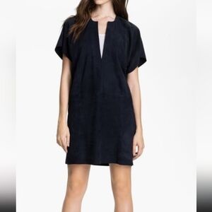 Vince Leather Tunic Mini Dress Silk Lining Pockets Size Medium Blue Beautiful
